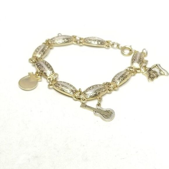 Vintage Black and Gold Tone Damascene Panel Charm Bracelet, Estate - Picture 1 of 6